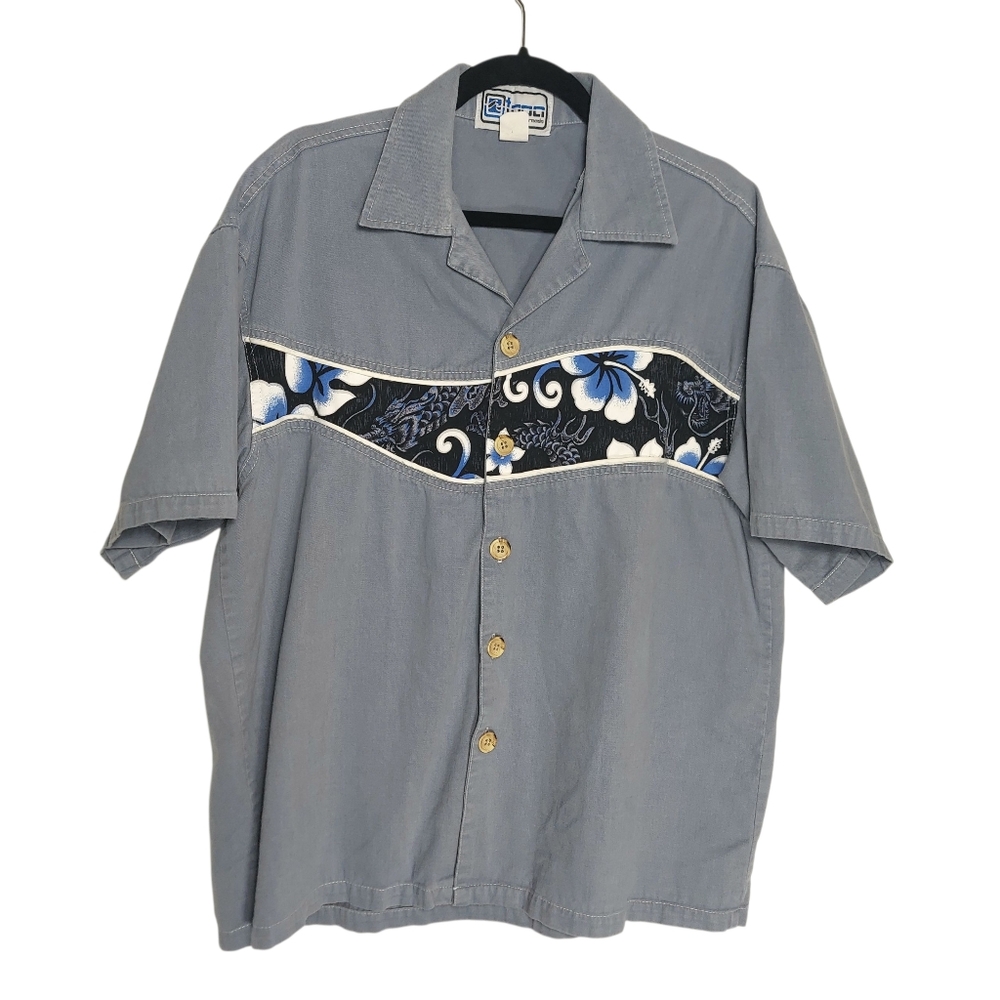 Retro Blue Tapa Threads Hawaiian Shirt with Floral Design
